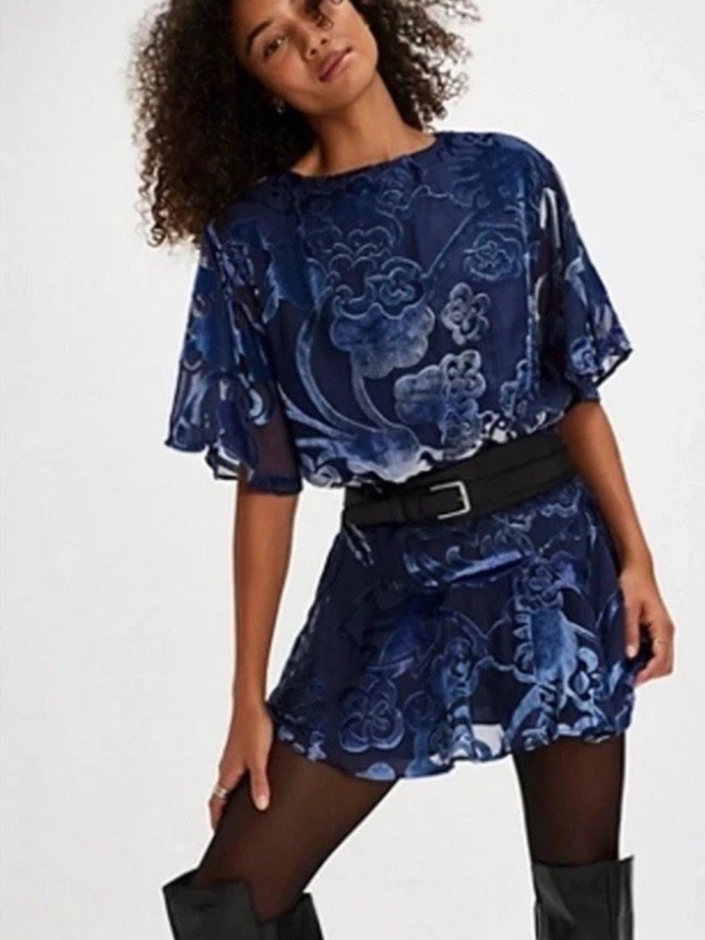 Free People Manuka Burnout Mini Navy Velvet Texture Dress - Picture 3 of 14